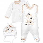 Preisvergleich für Strampler & Spieler: 3tlg Set Strampler + Shirt + Mütze Lovely Deer Strampler  beige/weiß Gr. 68 Jungen Kinder