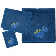 Preisvergleich für Heimtextilien: Frottierset, 1 kleines Handtuch 30 x 50 cm, 1 großes Handtuch 70 x 140 cm & 1 Waschlappen 16 x 21 cm, Dinosaurier von Pötter blau