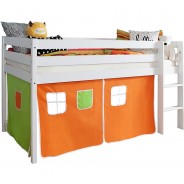 Preisvergleich für Jugendbetten: "Hochbett Kiefer Weiß Vorhang ""Orange-Grün""" weiß Gr. 90 x 200