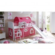 Preisvergleich für Kinderbetten: "Hochbett mit Rutsche Rutschbett ""Ekki"" Country Kiefer Weiß Classic" pink Gr. 90 x 200