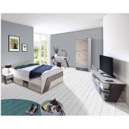 Preisvergleich für Kinder- & Jugendzimmer: Jugendzimmer Komplett-Set mit Bett 140x200 cm mit Kleiderschrank LEEDS-10 in Sandeiche Nachbildung mit weiß, Lava und Denim Blau grau