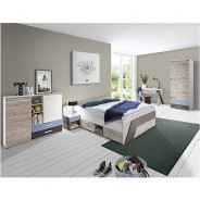 Preisvergleich für Kinder- & Jugendzimmer: Jugendzimmer Komplett-Set mit Bett 140x200 cm mit Kleiderschrank LEEDS-10 in Sandeiche Nb. mit weiß, Lava und Denim Blau grau