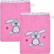 Preisvergleich für Heimtextilien: Kinder-Waschhandschuh  2er-Pack Frottier Hase rosa/weiß Gr. 15 x 21
