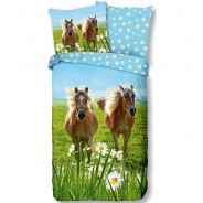 Preisvergleich für Heimtextilien: Kinder-Wendebettwäsche Horses, Baumwolle, blau/grün, 135 x 200 + 80 x 80 cm