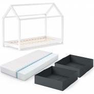 Preisvergleich für Kinderbetten: Kinderbett Wiki 90x200 Weiß mit Faltboxen Anthrazit und Matratze weiß Gr. 90 x 200