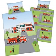 Preisvergleich für Heimtextilien: Kinderbettwäsche Feuerwehr, Renforcé 100 x 135 + 40 x 60 cm mehrfarbig