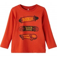 Preisvergleich für Oberteile: Langarmshirt NMMLAFUN , Organic Cotton rot Gr. 98 Jungen Kleinkinder