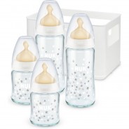 Preisvergleich für Essen & Trinken: NUK First Choice+ Glasflaschen Set mit Temperature Control, Flaschenbox mit 4 Glas-Babyflaschen mit Latex-Trinksaugern, 0-6 Monate, BPA frei, weiß