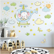 Preisvergleich für Wandtattoos: Wandtattoo 028 Wandtattoo Elefant auf Hubschrauber hellblau Wandtattoos bunt Gr. 75 x 100 - 100 x 100