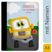 Preisvergleich für Schulbedarf: Zeugnismappe / Dokumentemappe mit Name personalisiert Auto-Cartoon Bus gelb