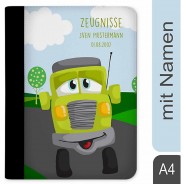 Preisvergleich für Schulbedarf: Zeugnismappe / Dokumentemappe mit Name personalisiert Auto-Cartoon Lastwagen grün